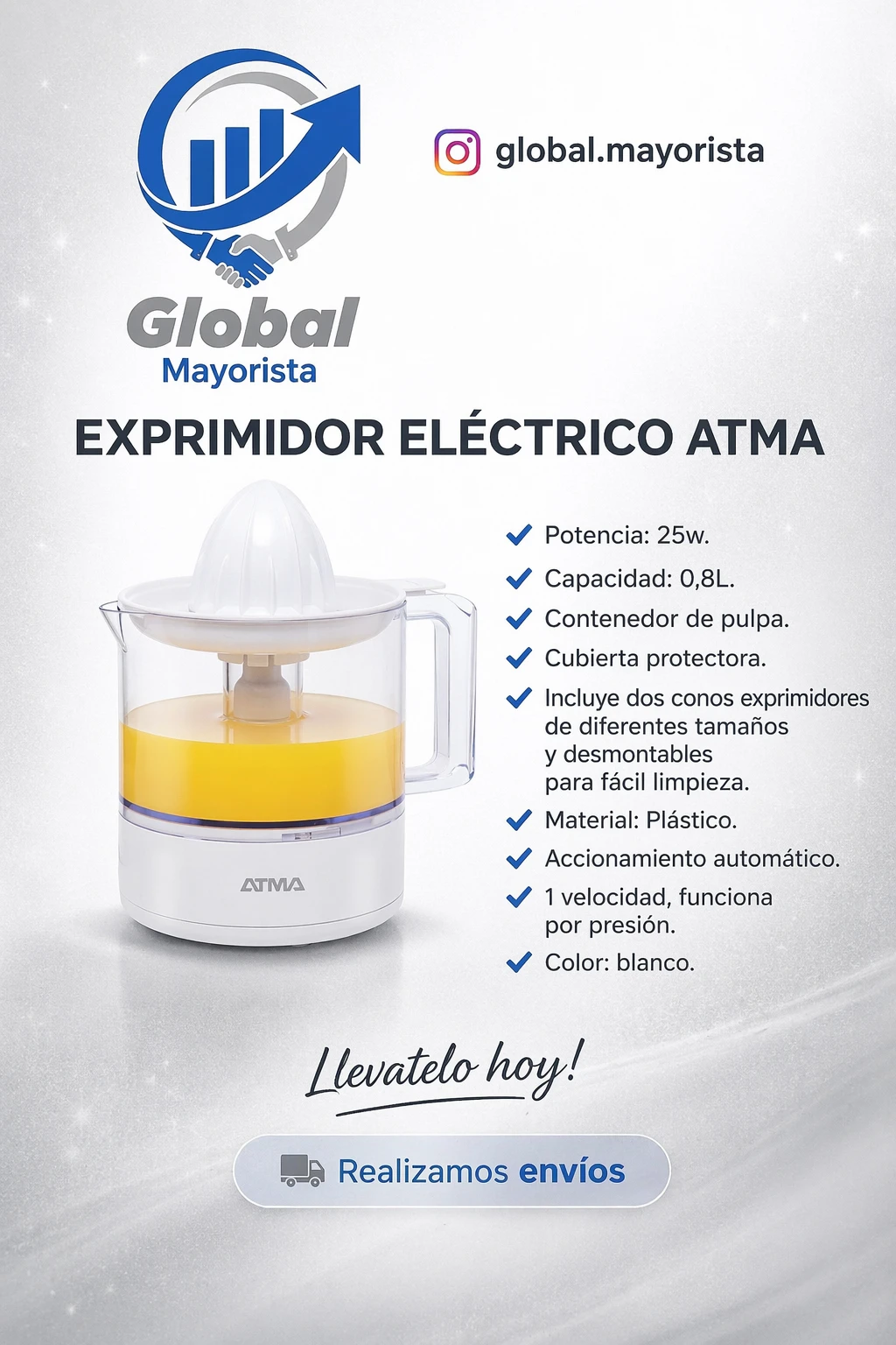 Exprimidor Eléctrico Para Jugos Atma Ex8220p Con 2 Conos Color Blanco